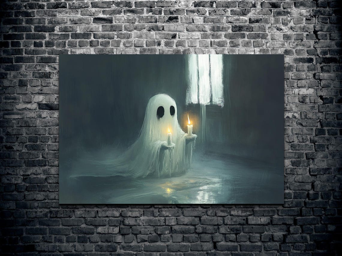 Sheet Ghost With Glowing Candles in a Quiet Dark Room at Night Poster - Image 2