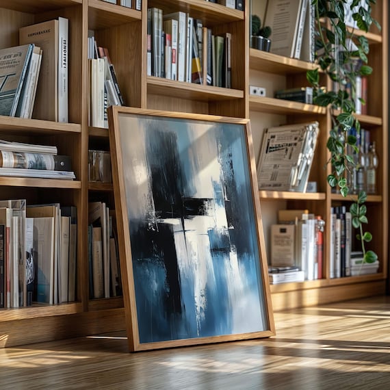 Modern Abstract Blue Black White Canvas Wall Art Bold Brushstroke Painting For Contemporary Minimal Decor