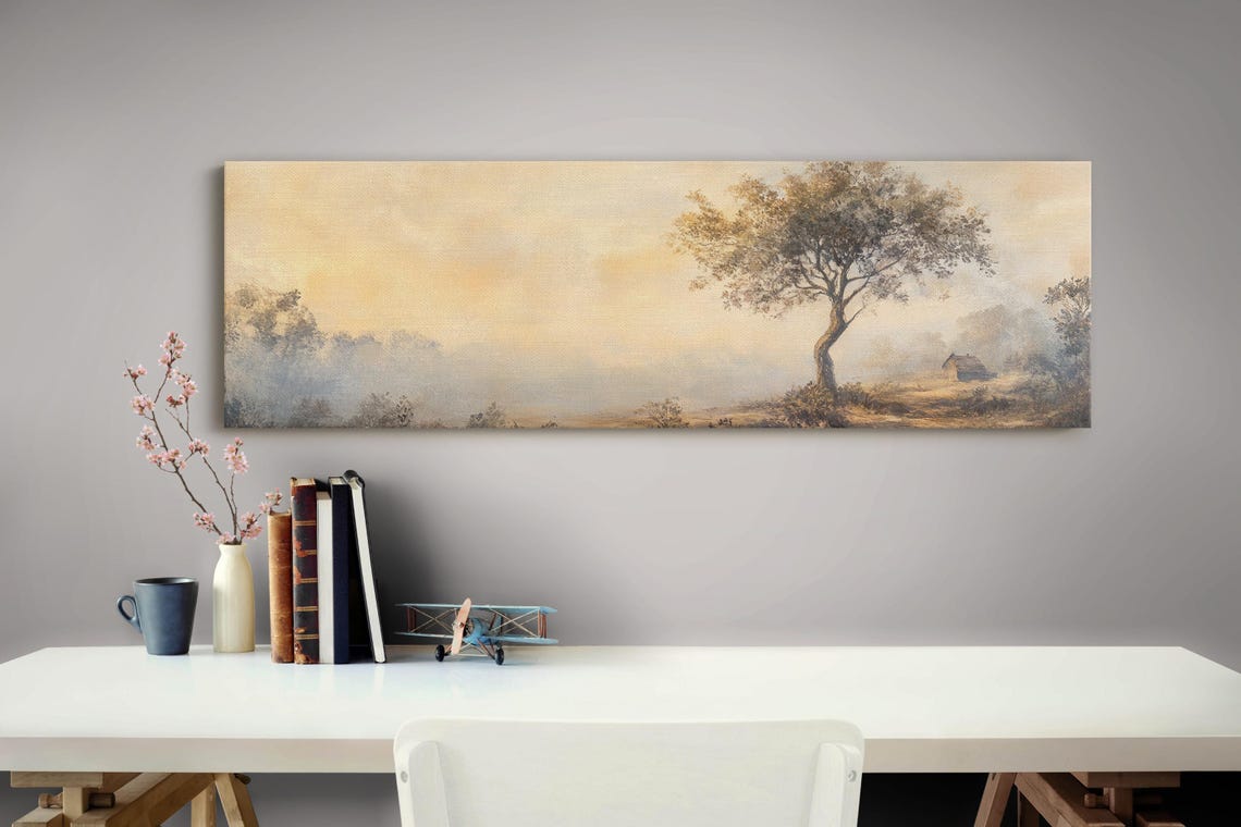 Misty Golden Tree Sunrise Hillside Cabin Panoramic Landscape Poster - Image 3