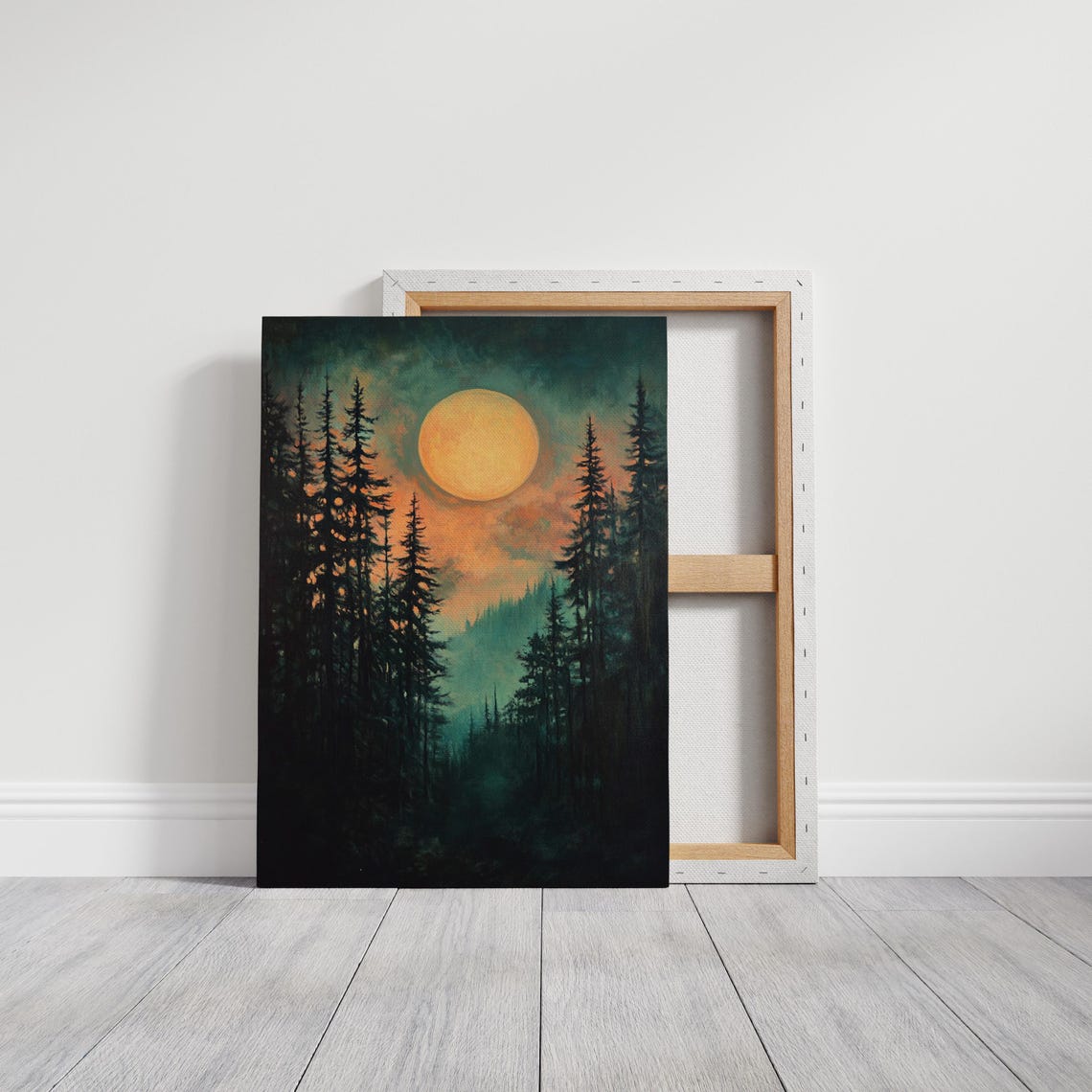Golden Full Moon Over Misty Pine Forest Night Landscape Poster - Image 3