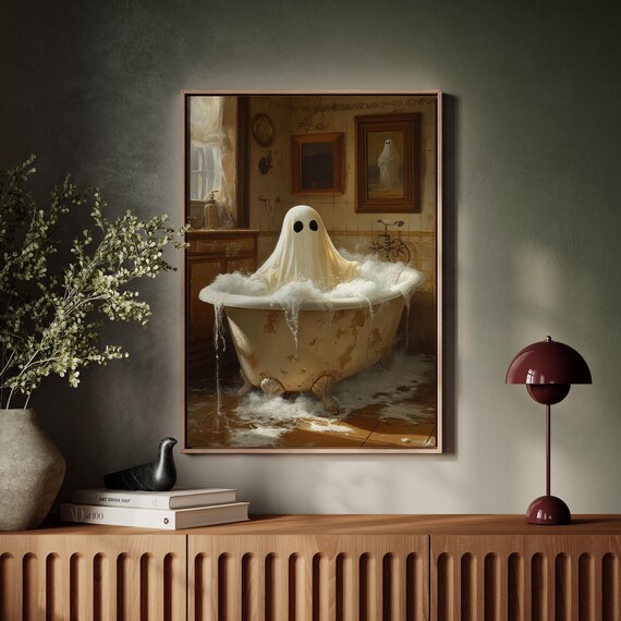 Whimsical Ghost Soaking in Vintage Clawfoot Bubble Bath Halloween Poster
