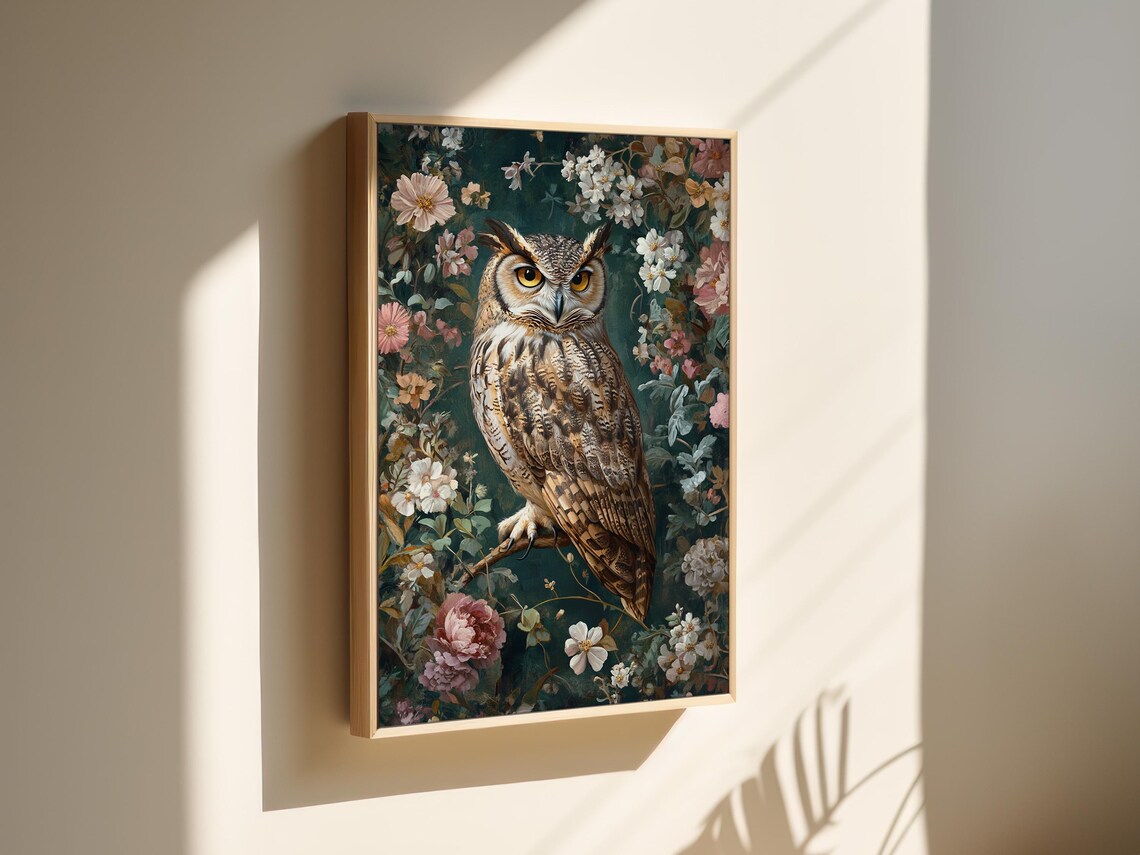 Great Horned Owl On Floral Branch Vintage Woodland Art Poster - Image 4