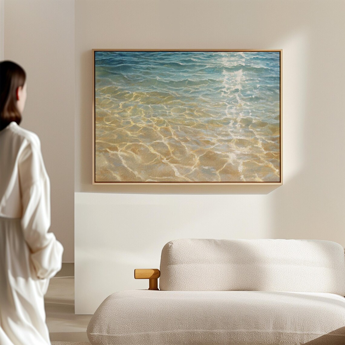 Ocean Water Sunlit Ripples Over Golden Sand Blue Beach Art Poster - Image 2