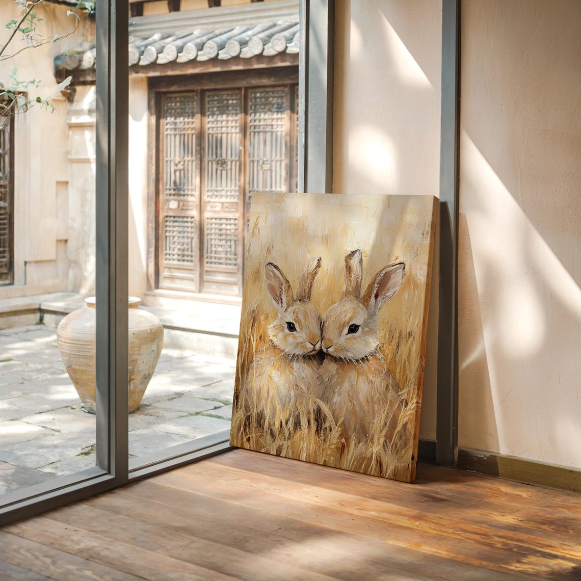 Two Bunnies Nose to Nose in Golden Wheat Field Sweet Painting Wall Art - Image 7