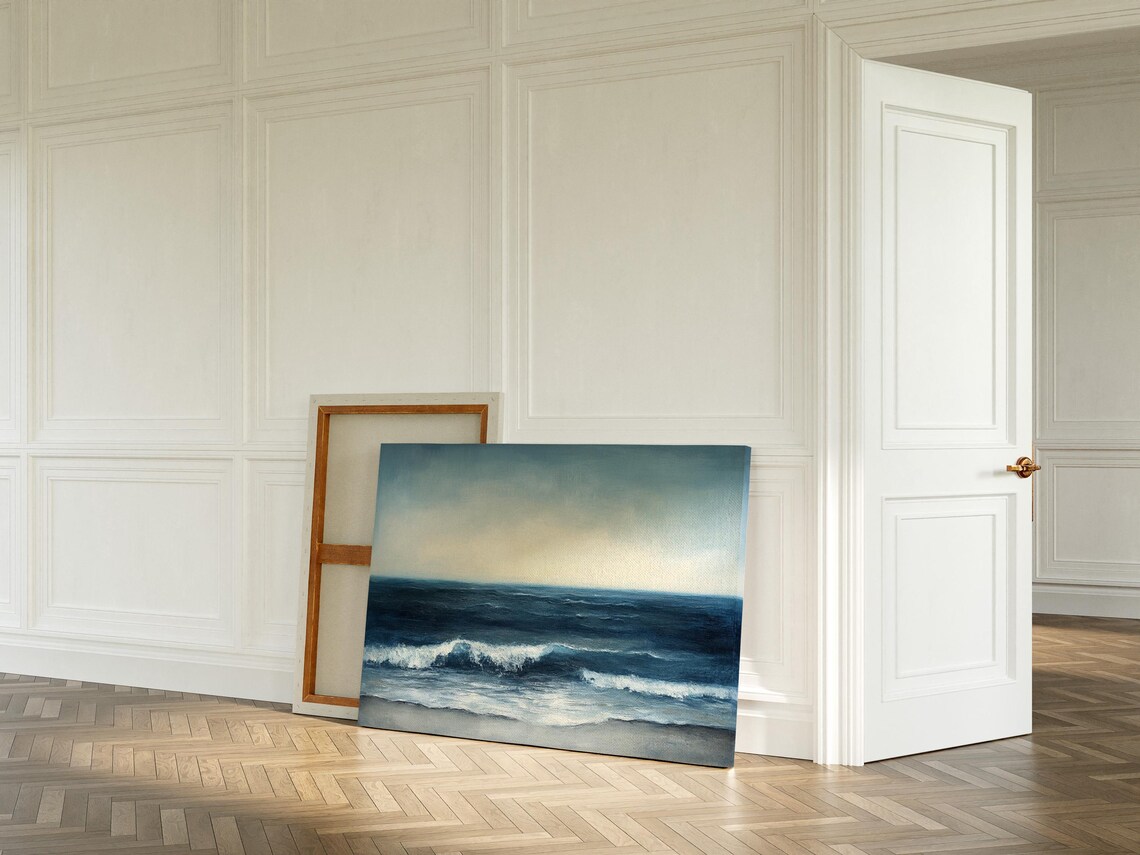 Deep Blue Ocean Waves Moody Seascape Oil Painting Coastal Poster - Image 4