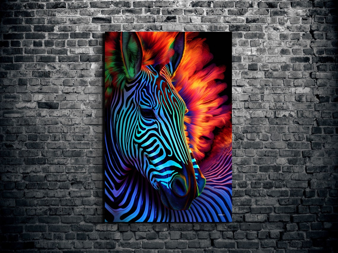 Neon Zebra Portrait Fiery Orange Mane Colorful Animal Wall Art