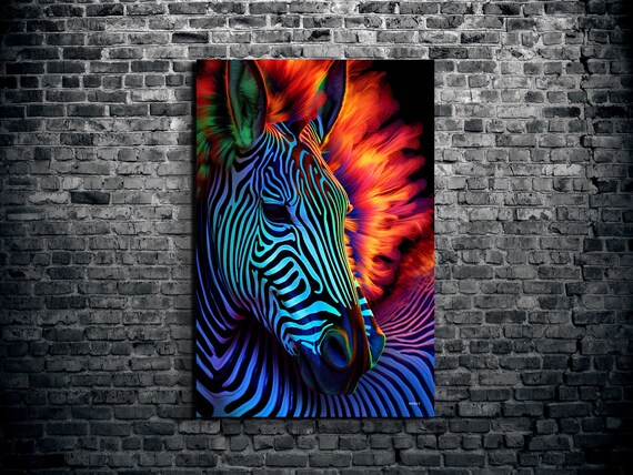 Neon Zebra Portrait Fiery Orange Mane Colorful Animal Wall Art