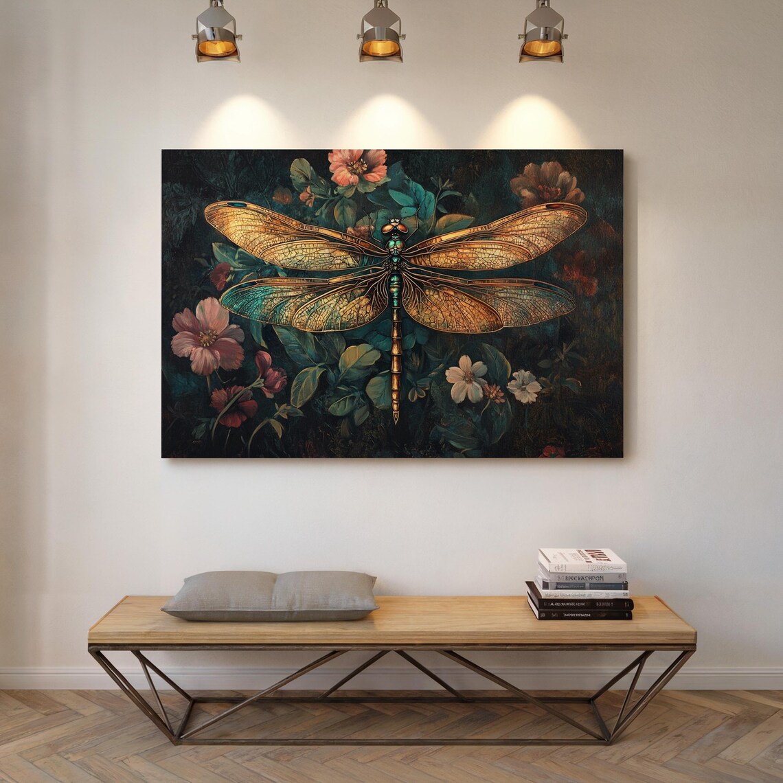 Golden Dragonfly on Dark Botanical Floral Background Vintage Art Poster - Image 2