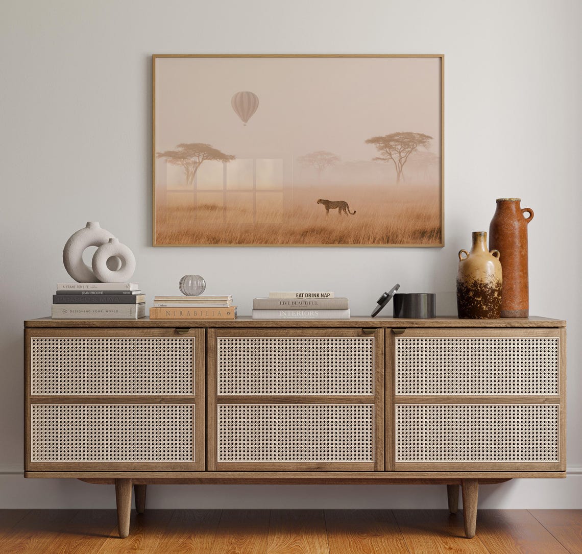 Misty African Savanna Cheetah Hot Air Balloon Acacia Trees Poster