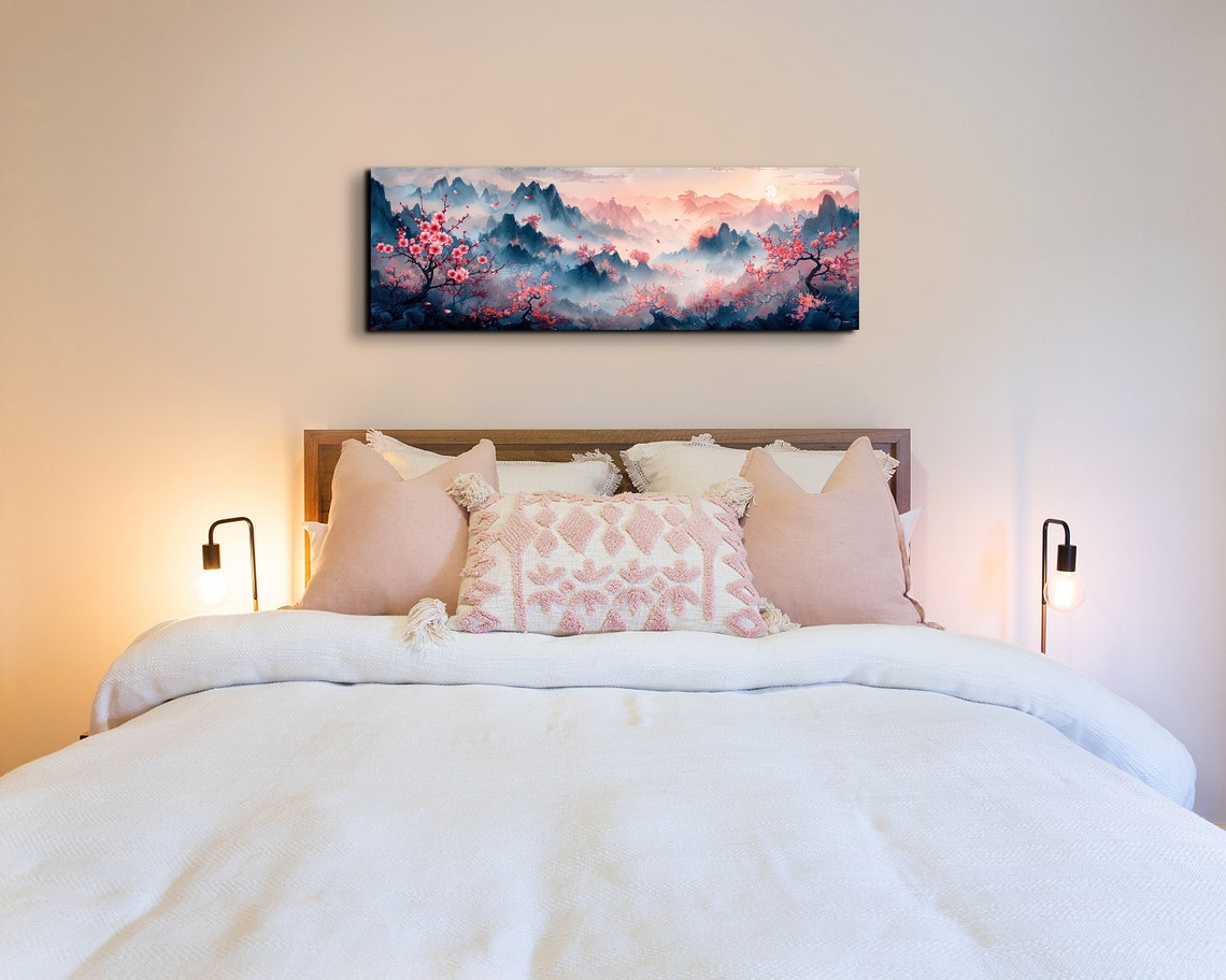 Pink Cherry Blossoms Over Misty Asian Mountains at Sunrise Poster - Image 3
