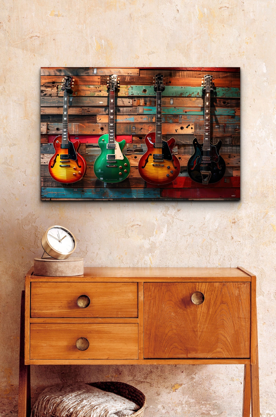 Colorful Electric Guitars On Rustic Wood Planks Music Room Wall Art - Image 5