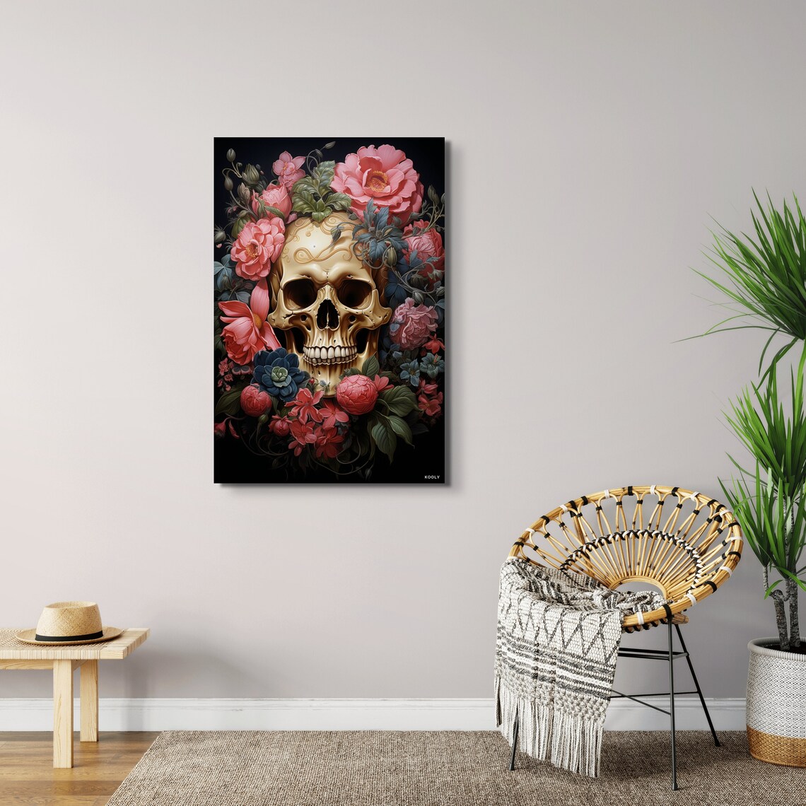 Golden Skull With Pink Flowers Day Of The Dead Gothic Art Poster - Image 5