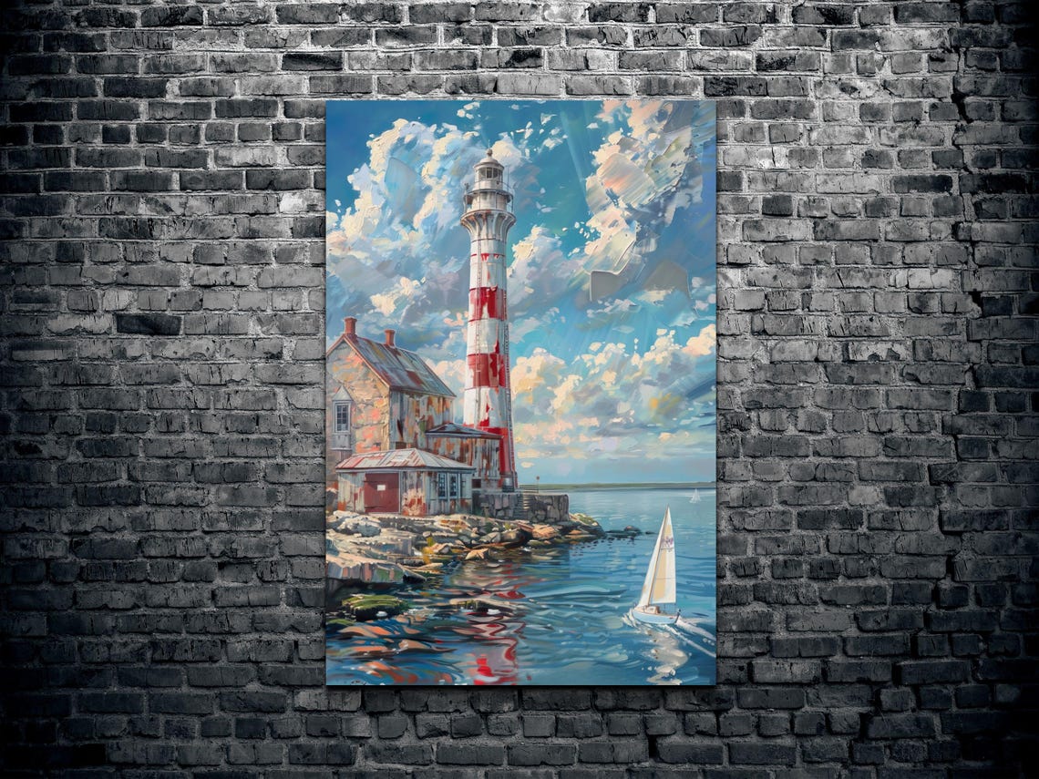 Red and White Lighthouse With Sailboat Coastal Seascape Poster - Image 2