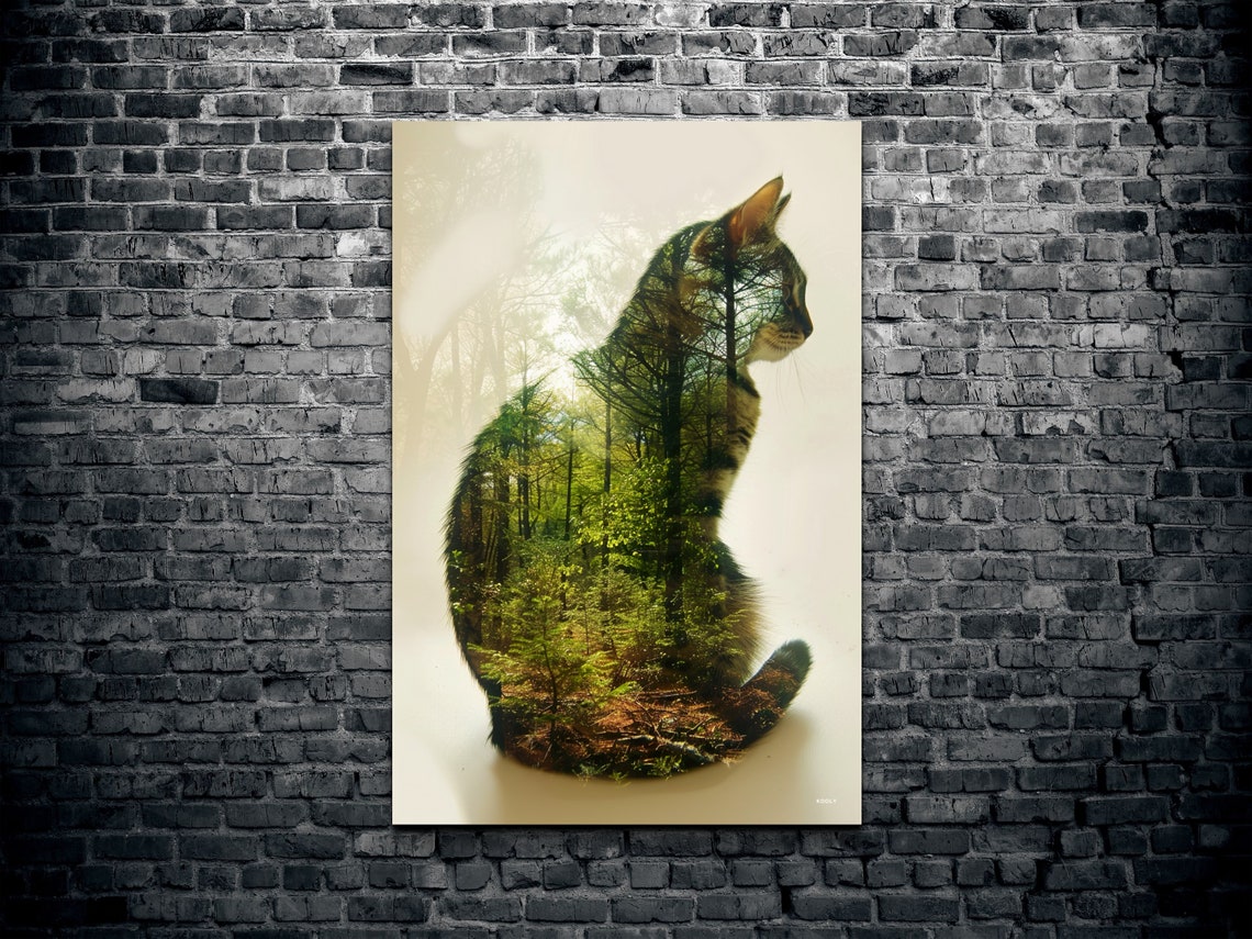 Cat and Forest Double Exposure Green Nature Silhouette Poster - Image 2