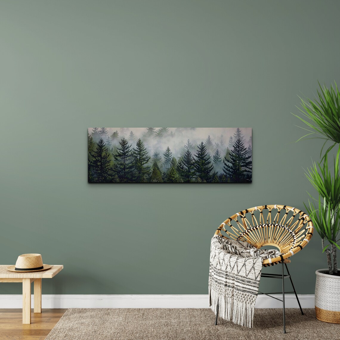 Misty Pine Forest Foggy Evergreen Trees Nature Panorama Wall Art - Image 3