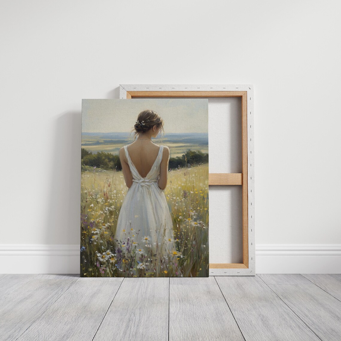 Woman In White Dress Wildflower Meadow Overlooking Valley Poster - Image 3
