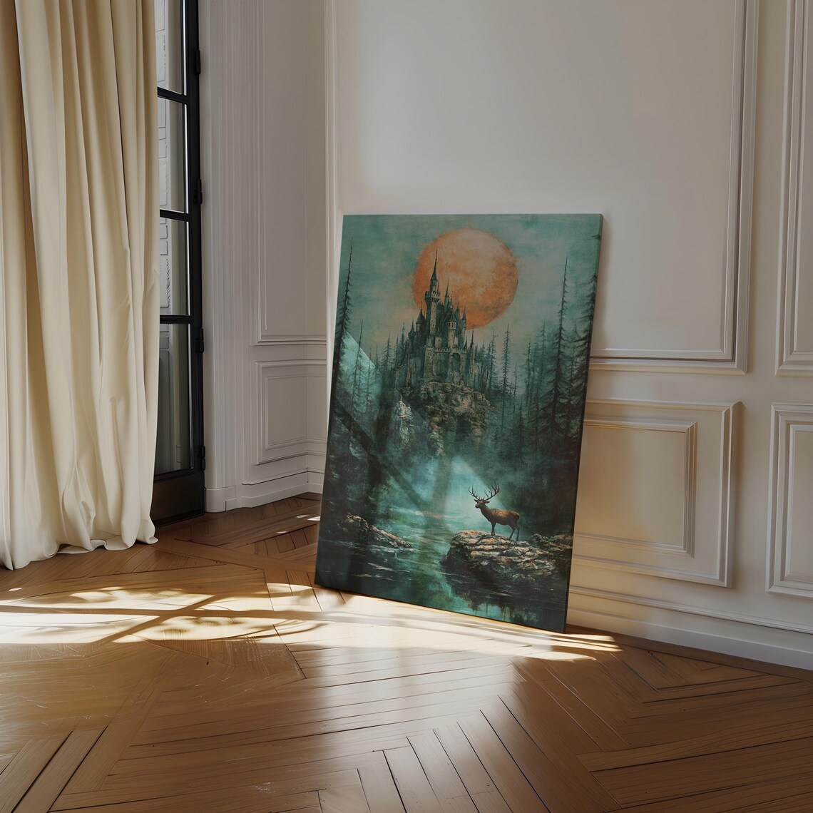 Enchanted Castle Under Orange Moon With Elk Fantasy Art Poster - Image 4