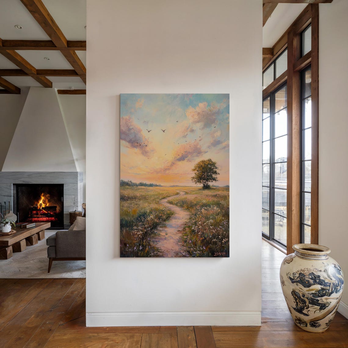 Serene Meadow Path At Sunset Vibrant Sky Birds Peaceful Art Poster - Image 4