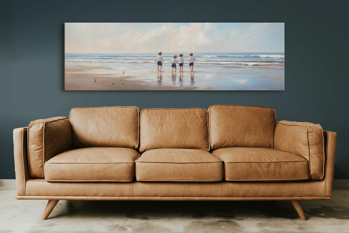 Four Children On Beach At Water Edge Soft Blue Ocean Scene Poster - Image 2