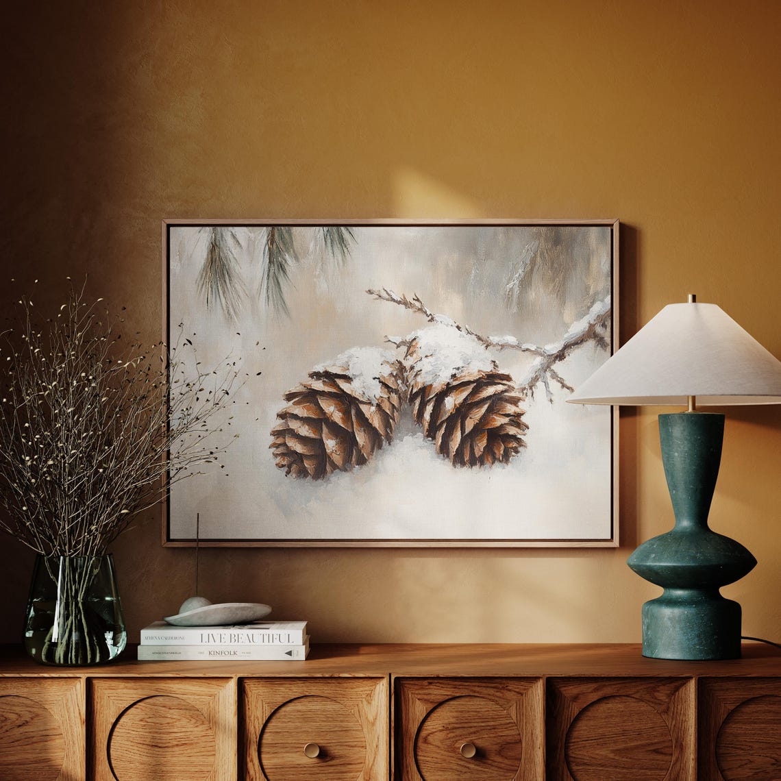 Beautiful Snow Dusted Pine Cones Resting on a Winter Branch Poster - Image 4