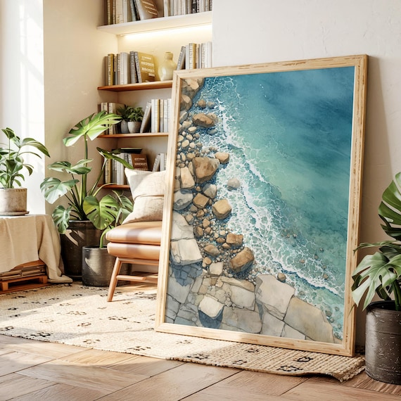 Turquoise Ocean Aerial View Rocky Shoreline Watercolor Art Print