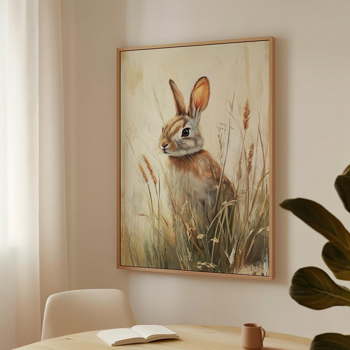 Golden Bunny Among Wheat Stalks in Warm Light Wildlife Painting Wall Art - Image 3