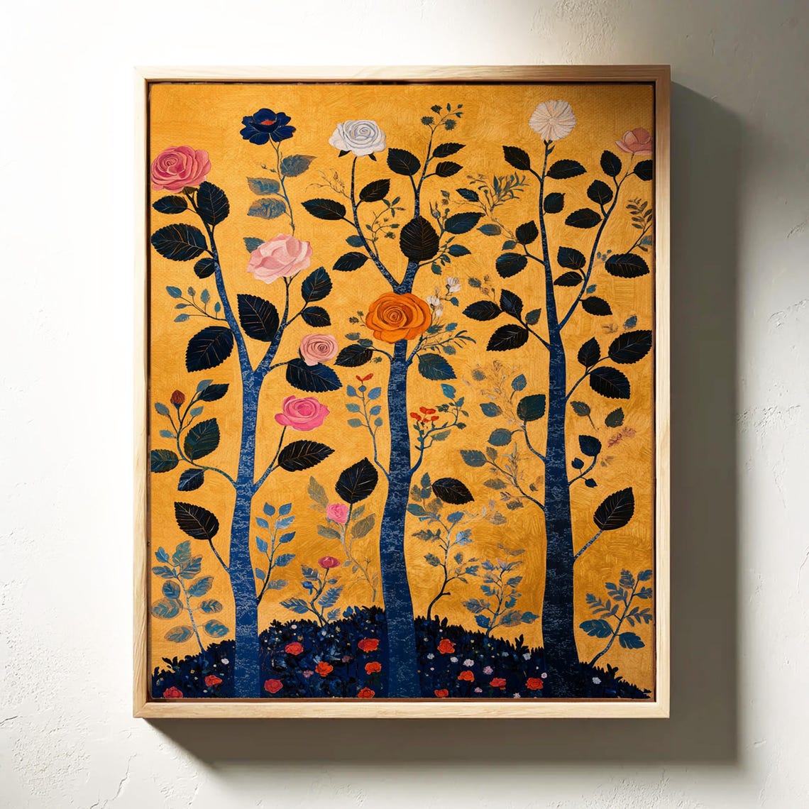 Stylized Rose Trees On Mustard Gold Folk Art Botanical Poster - Image 6