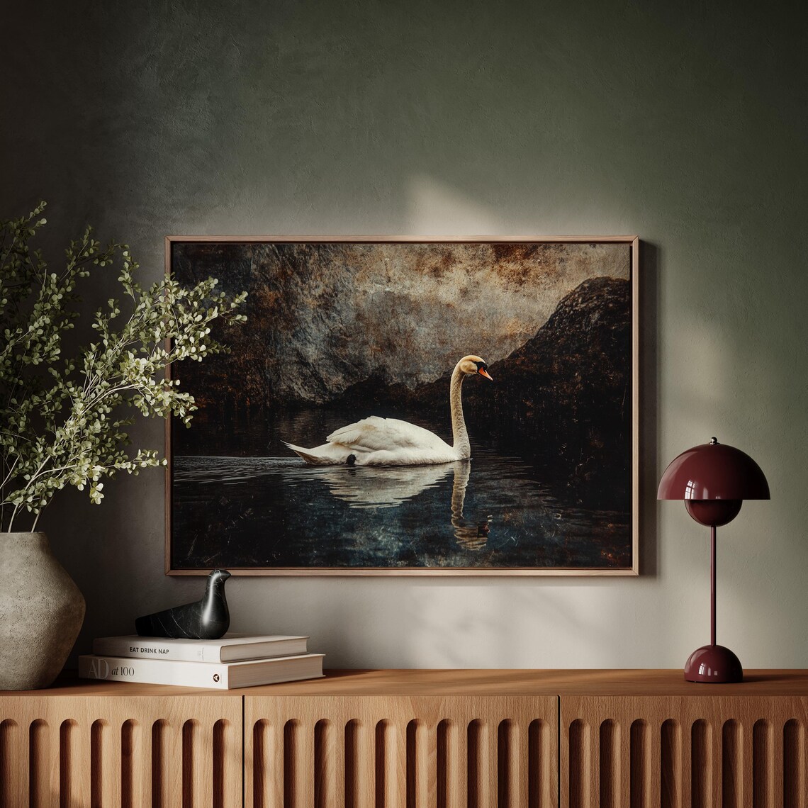 Swan on a Dark Lake Vintage Oil Painting Style Wildlife Poster - Image 4