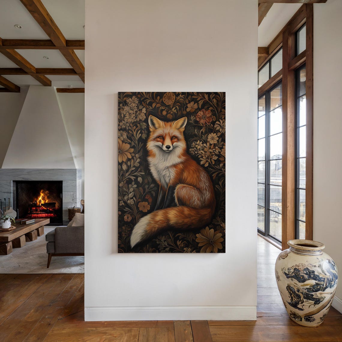 Red Fox Seated in Dark Botanical Floral Tapestry Wildlife Poster - Image 4