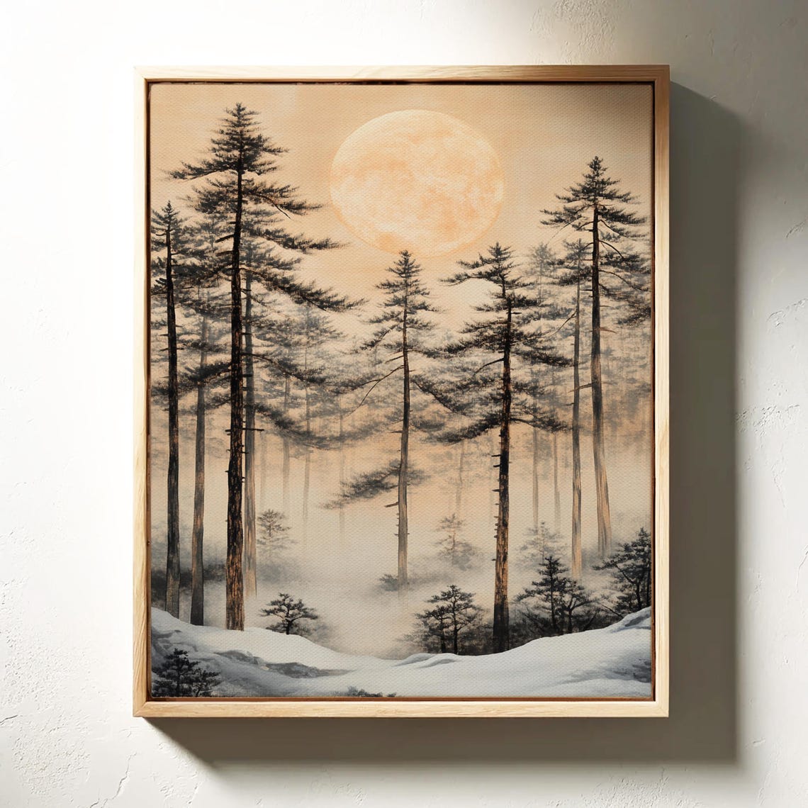 Misty Winter Pine Forest Golden Full Moon Snowy Cabin Poster - Image 3