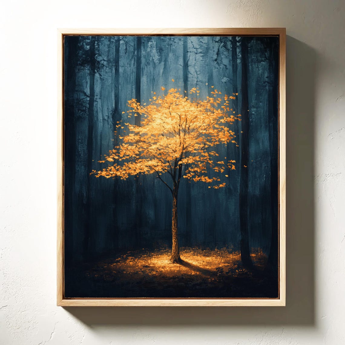 Golden Tree In Dark Forest Illuminated Nature Art Enchanted Forest Wall Decor For Serene Spaces - Image 3