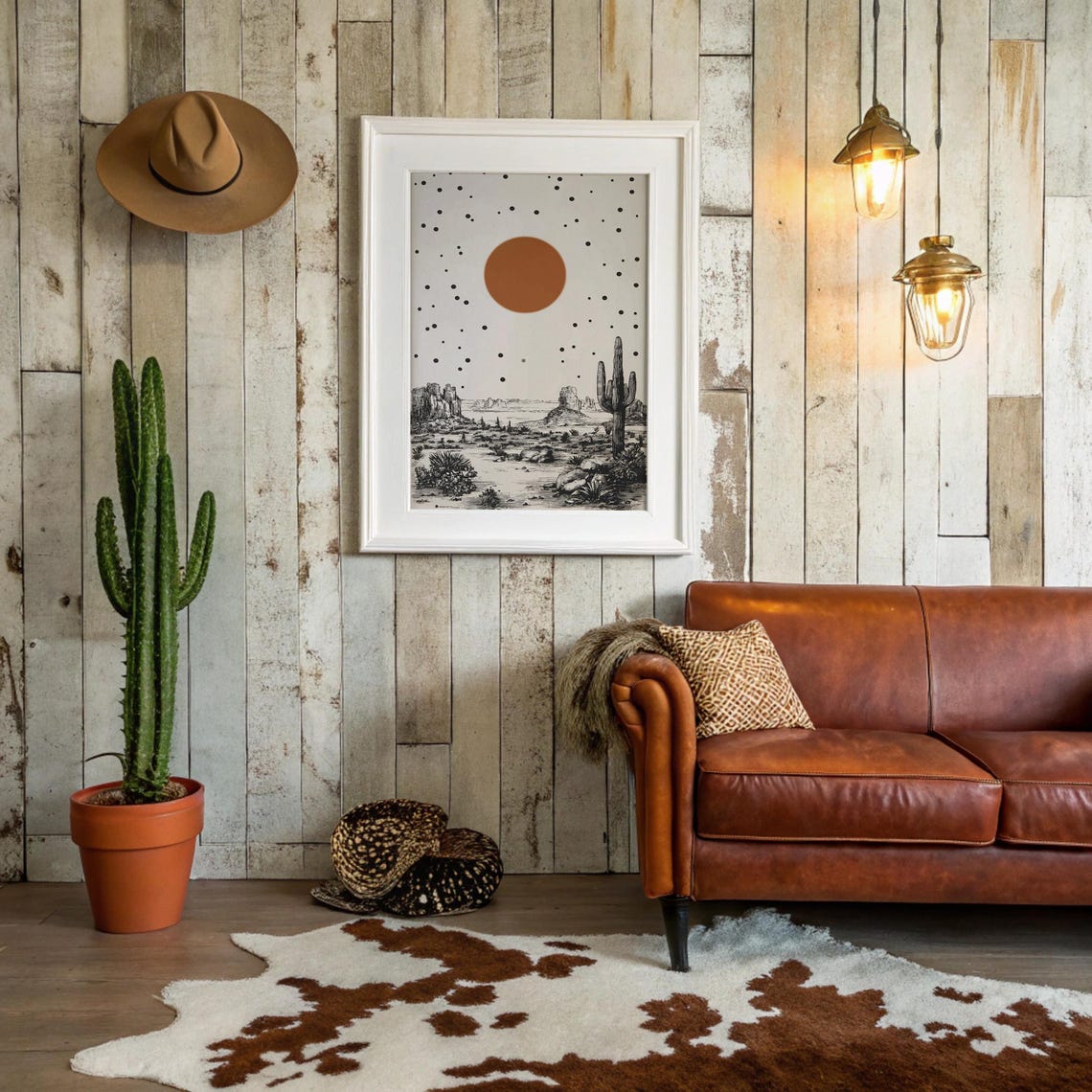 Monochrome Desert Cactus With Bold Orange Sun Minimalist Art Poster
