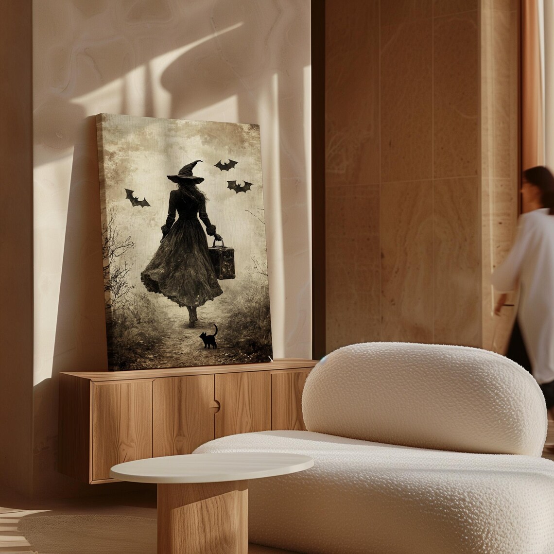 Traveling Witch Silhouette With Black Cat Bats Vintage Sepia Halloween Print - Image 3