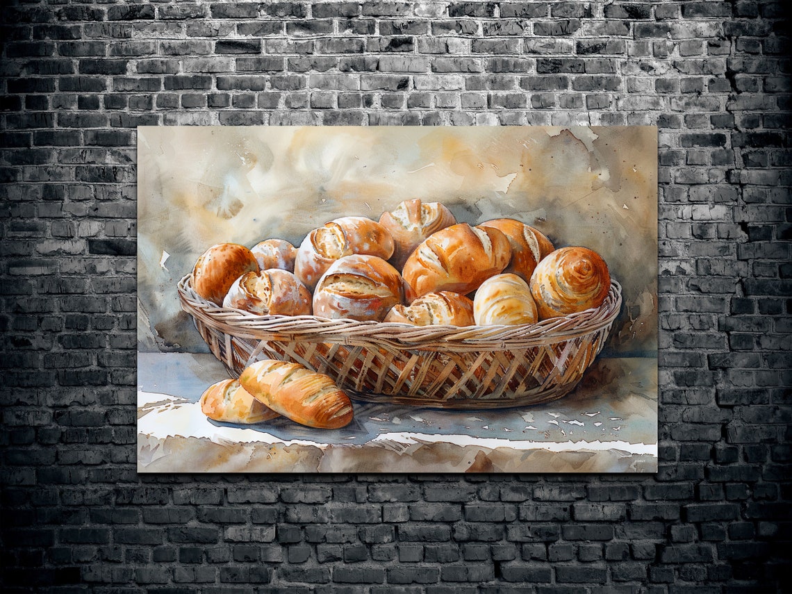 Watercolor Basket of Fresh Baked Bread Rolls Kitchen Wall Art - Image 2