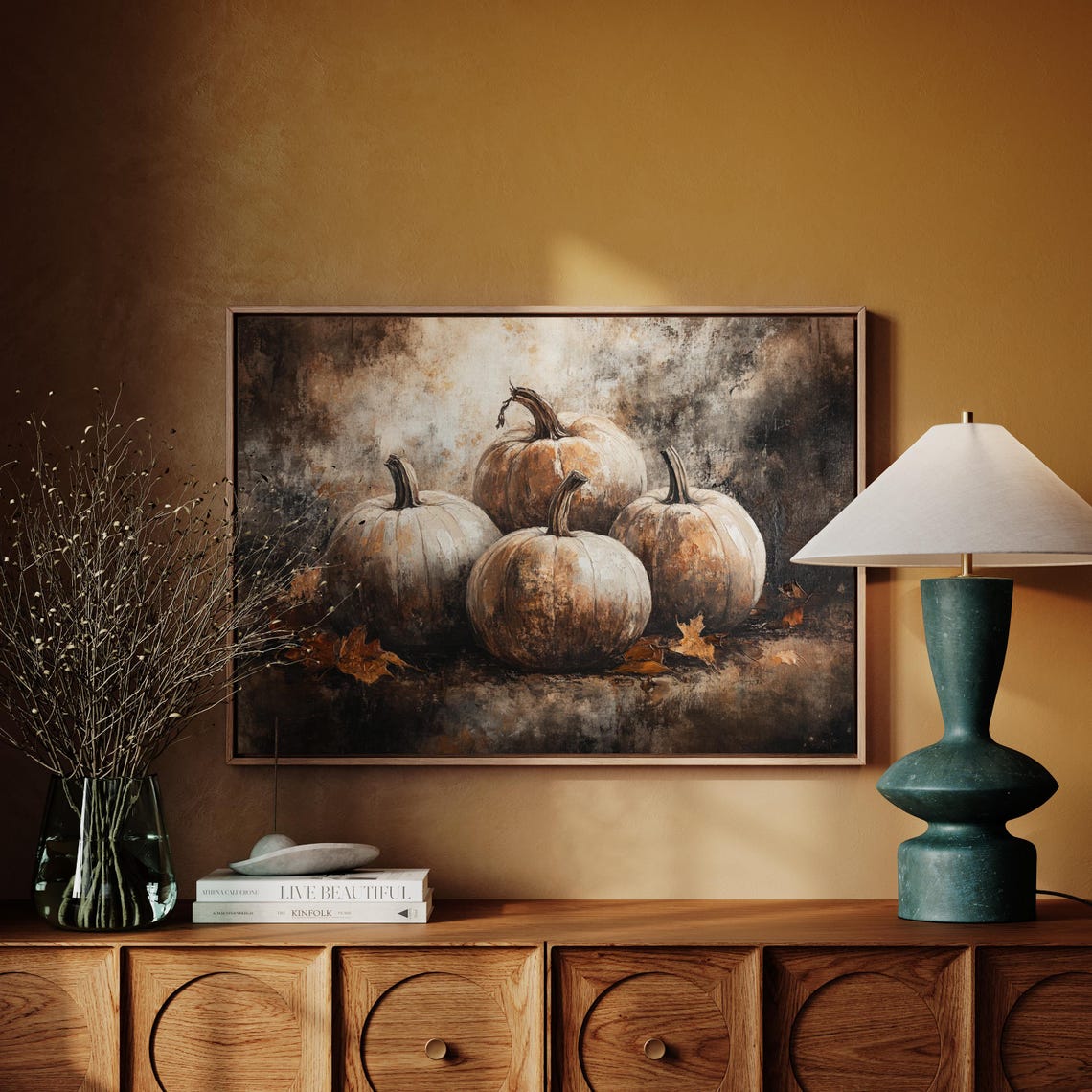 Moody Dark Pumpkin Still Life Dusky Fall Harvest Painting Poster - Image 4