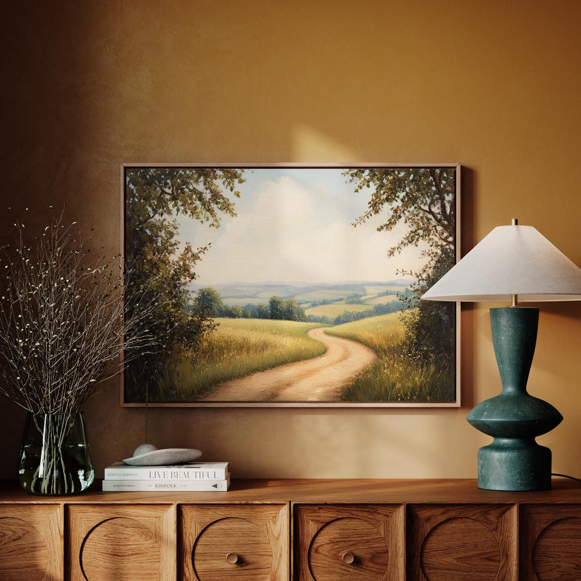 Winding Dirt Road Through Golden Meadow Vintage Countryside Poster