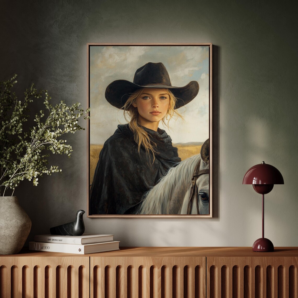 Cowgirl on White Horse Under Prairie Sky Western Painting Poster