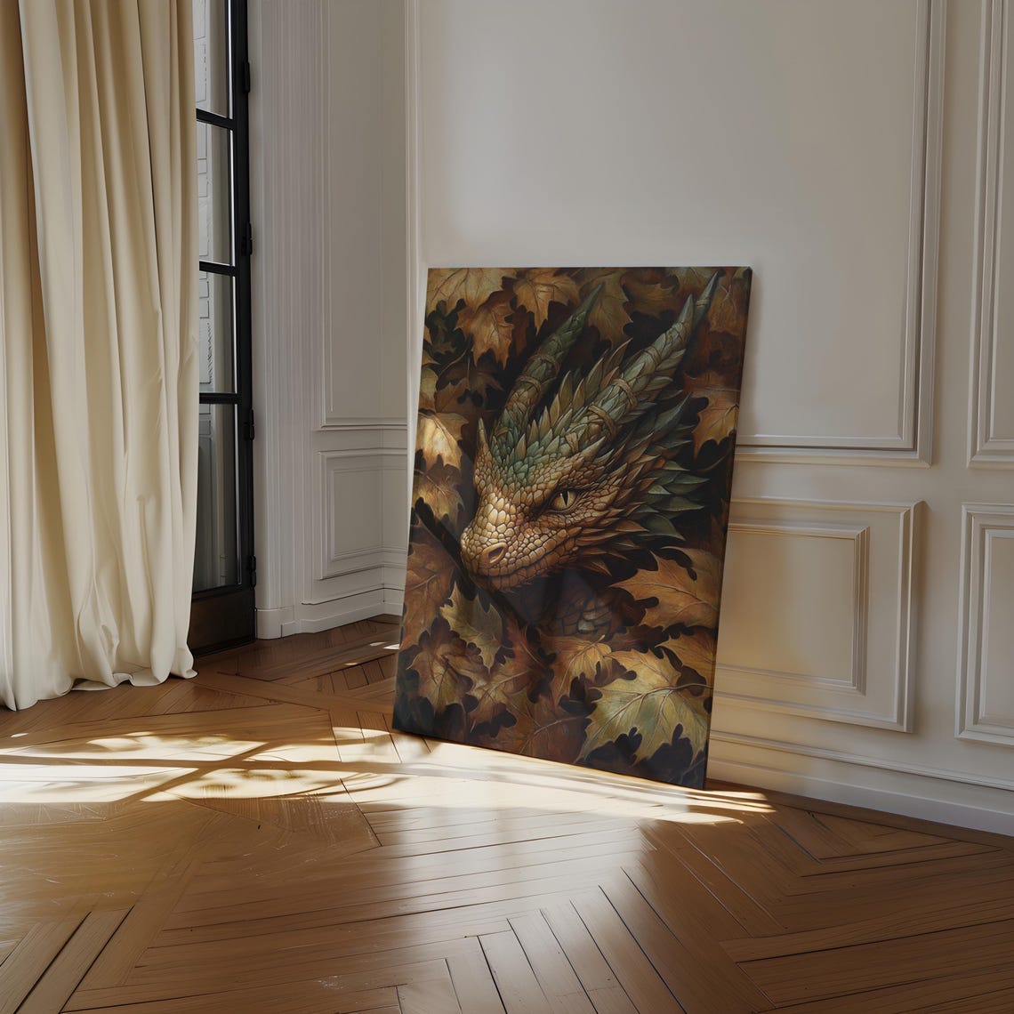 Sleeping Dragon Hidden Among Autumn Oak Leaves Artwork Poster - Image 3