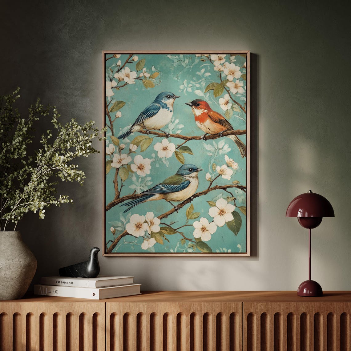 Songbirds On Cherry Blossom Branch Teal Vintage Bird Trio Poster - Image 4