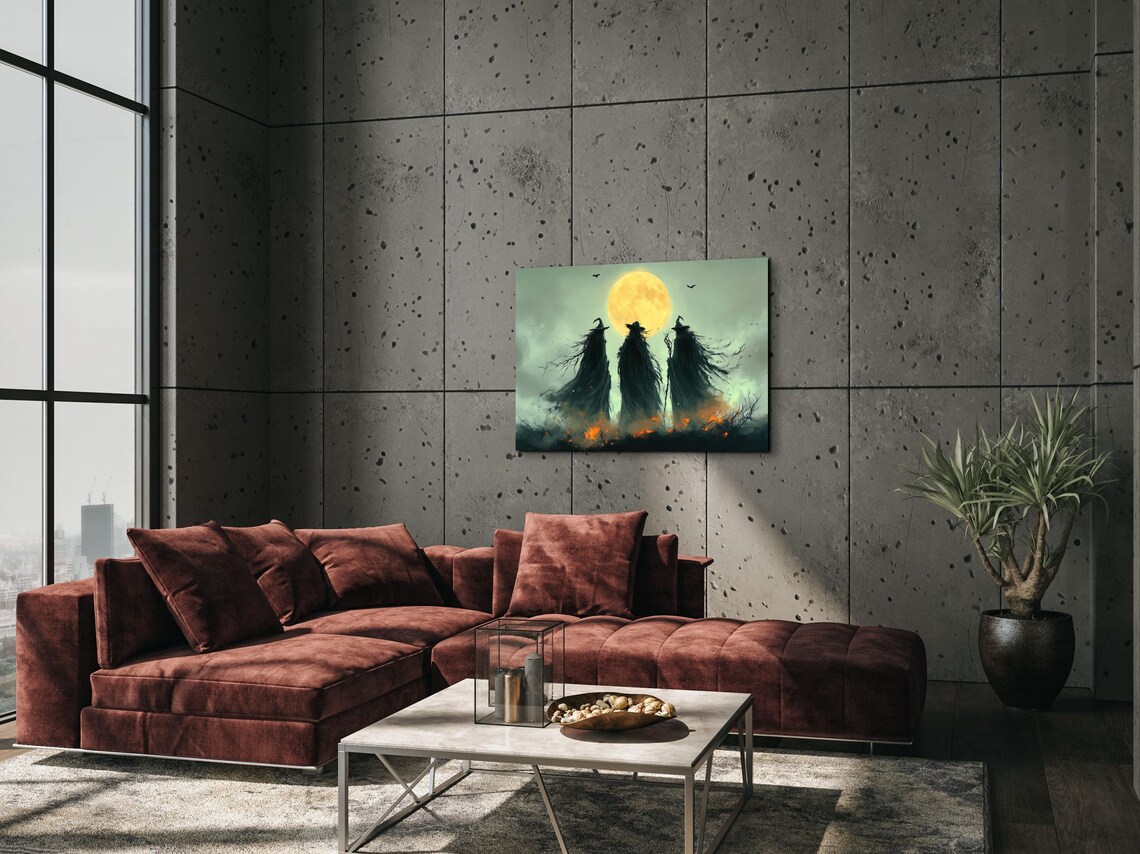 Three Witches Silhouetted Against a Giant Full Moon With Bats and Embers Poster - Image 3