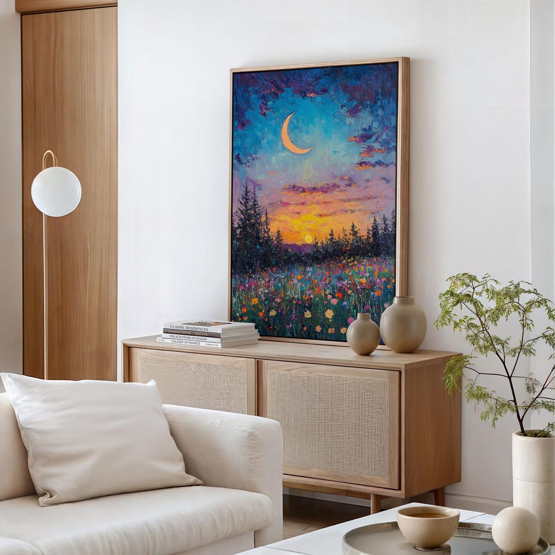 Crescent Moon Over Vibrant Wildflower Meadow Sunset Art Poster - Image 5
