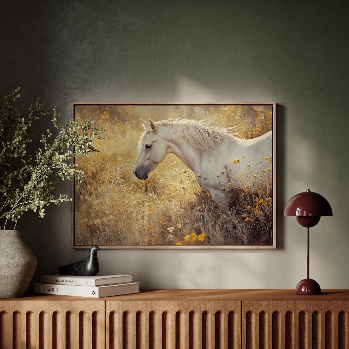 White Horse Golden Wildflower Meadow Equestrian Rustic Art Poster - Image 4