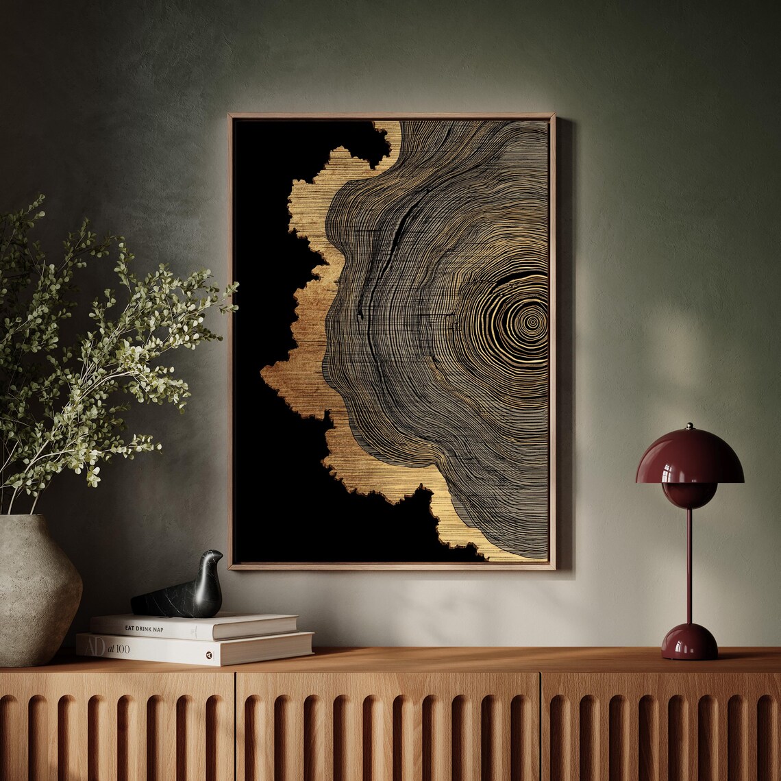 Golden Tree Rings Black Background Luxury Wood Grain Modern Nature Poster
