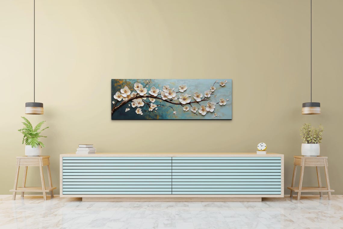 White Cherry Blossom Branch Impasto Panoramic Floral Art Poster - Image 4