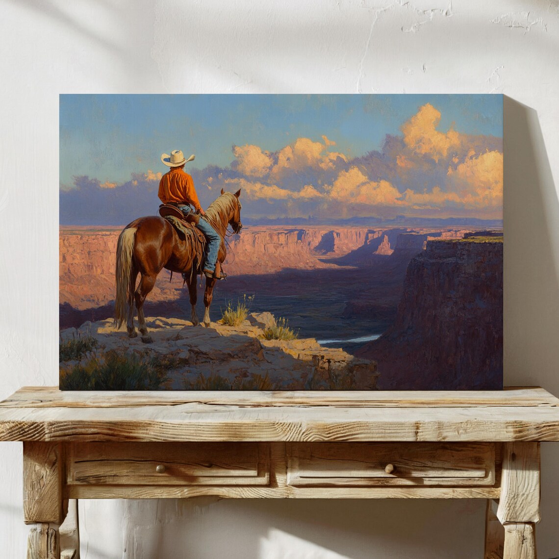 Cowboy on Horse Overlooking Sunset Canyon Western Landscape Poster - Image 5