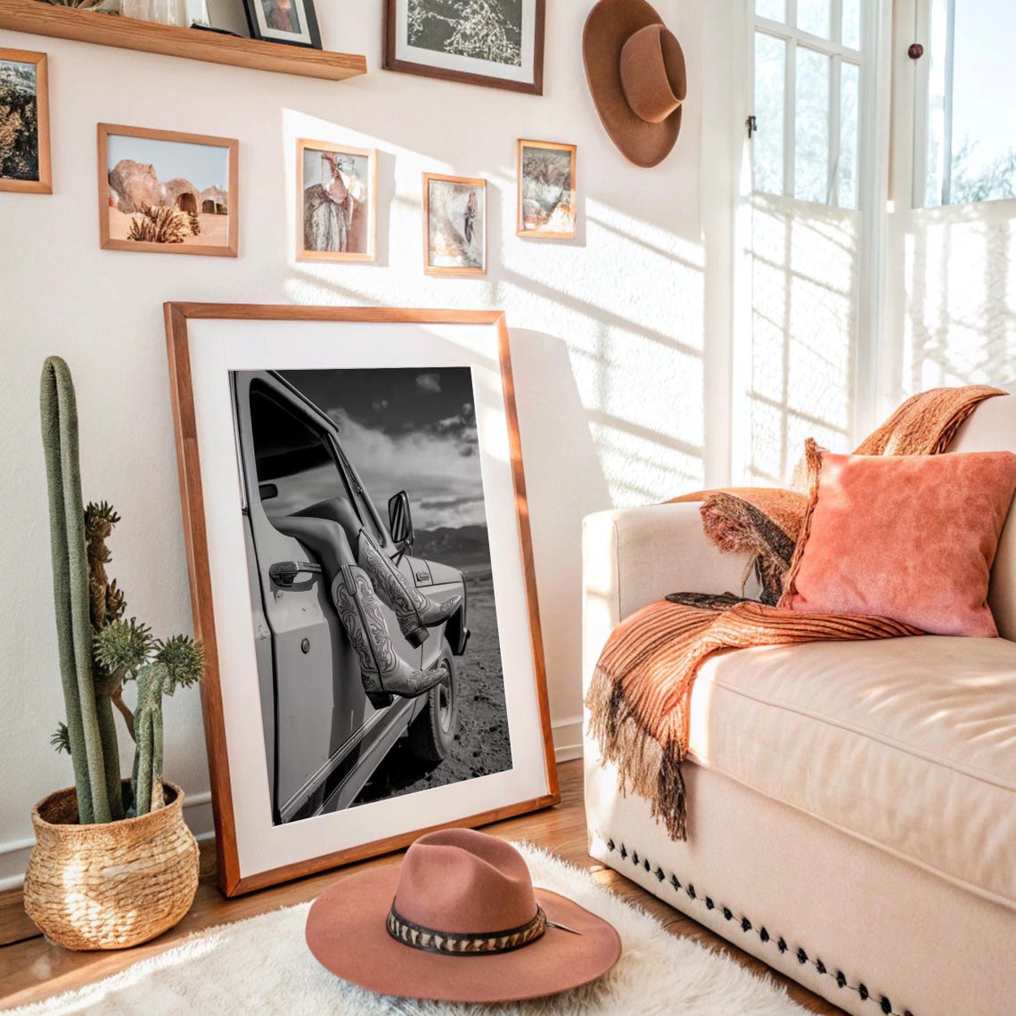 Cowboy Boots Resting In Vintage Pickup Truck Window Desert Poster