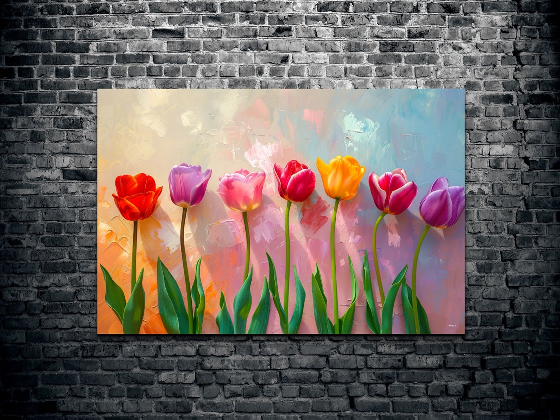 Seven Rainbow Tulips Row Pastel Background Floral Art Poster - Image 2