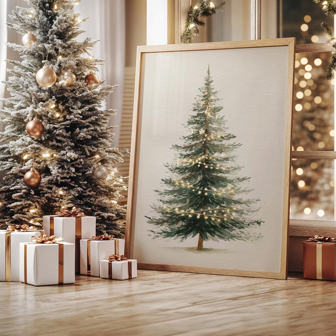Minimalist Christmas Tree With String Lights Art Print