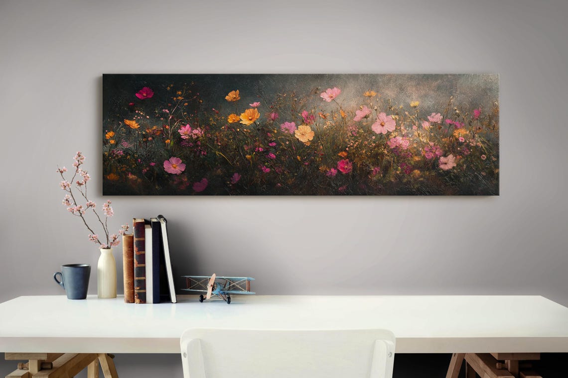 Dark Moody Wildflower Meadow Pink Blooms Night Floral Panoramic Poster - Image 4