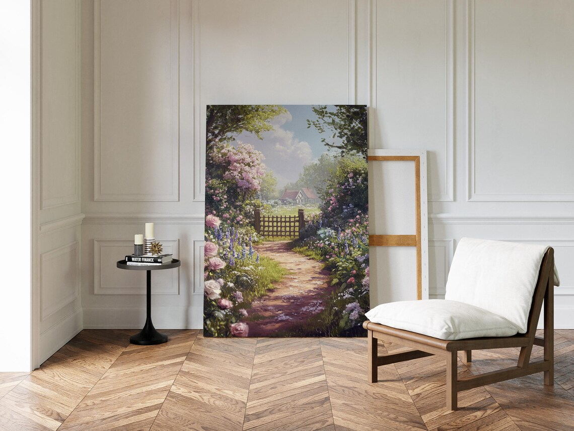 English Cottage Garden Path With Roses Romantic Painting Poster - Image 2